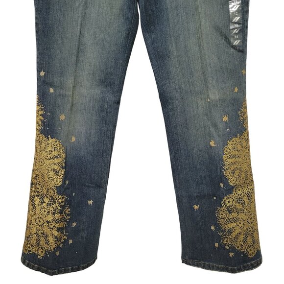 DKNY NWT Size 12 Jeans Denim Gold Glitter So Low Lita Chain Belt Boot Distressed - Picture 6 of 16